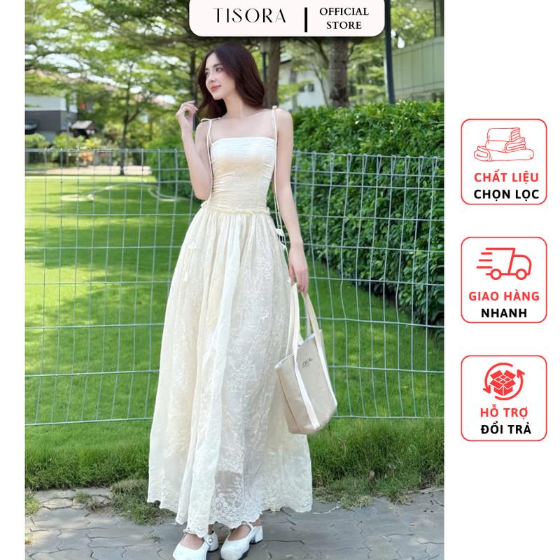 (Mới) Đầm maxi đi biển 2 dây bo chun lưng chất tơ thêu hoa 2 màu: Be, Xanh