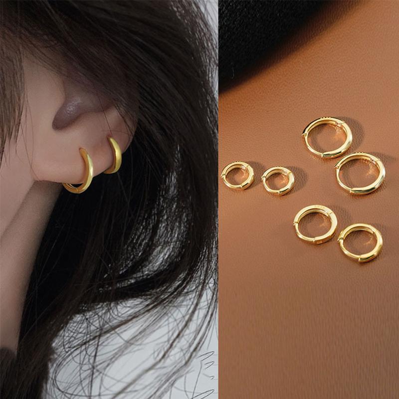 Bông tai Huggie Hàn Quốc đơn giản, 6mm / 8mm / 10mm / 12mm, tròn, khóa tai, vòng, tối giản 3