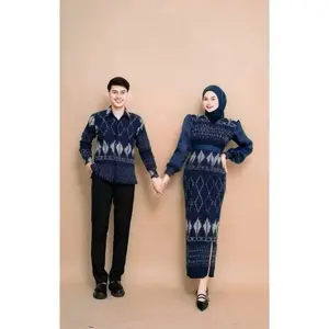 Gamis Set Couple baju tenun Kartini Navy, Kemeja pria slimfit,baju kondangan,baju muslimah Pasangan Sarimbit Keluarga Setelan Dress Pesta Panjang Lebaran Batik