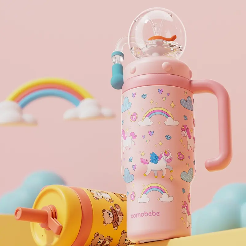 【COMOBEBE】24oz Stainless Steel Whale Fountain Tumbler with Handle – Two Lids, Spill-Proof, Dishwasher Safe, Cute & Perfect for Kids, Teens, and Adults 4