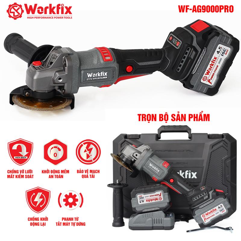 [Chống Lật Cổ Tay] Máy Mài 100mm Dùng Pin Workfix WF-AG9000PRO - Công Tắc Bóp -  Brushless Motor - 2 Pin 15 Cell 21V/4.5Ah, 15C - Bảo Hành Chính Hãng 6 Tháng