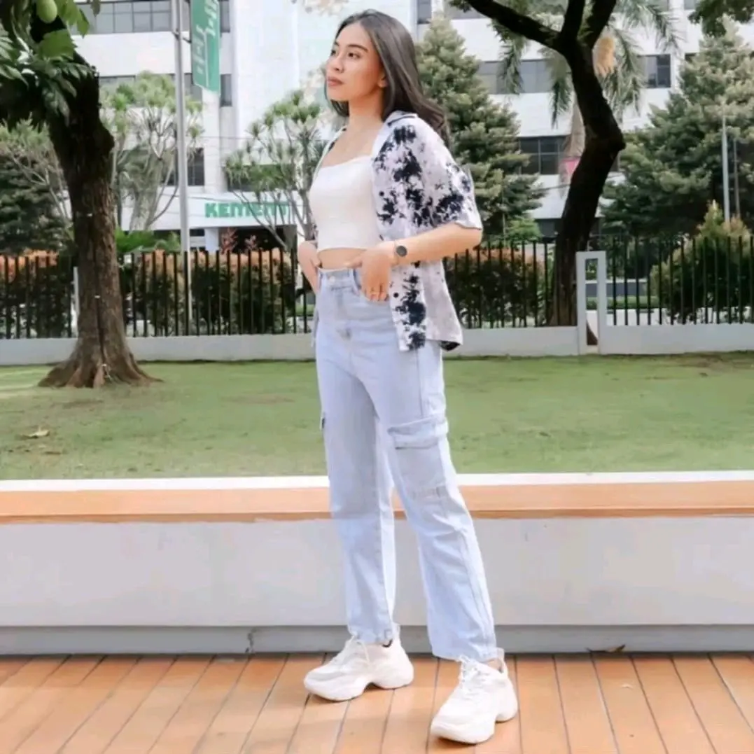 CELANA CARGO JEANS HIGHWAYT LOOSE KOREAN STYLE KANTONG CELANA PANJANG Wanita