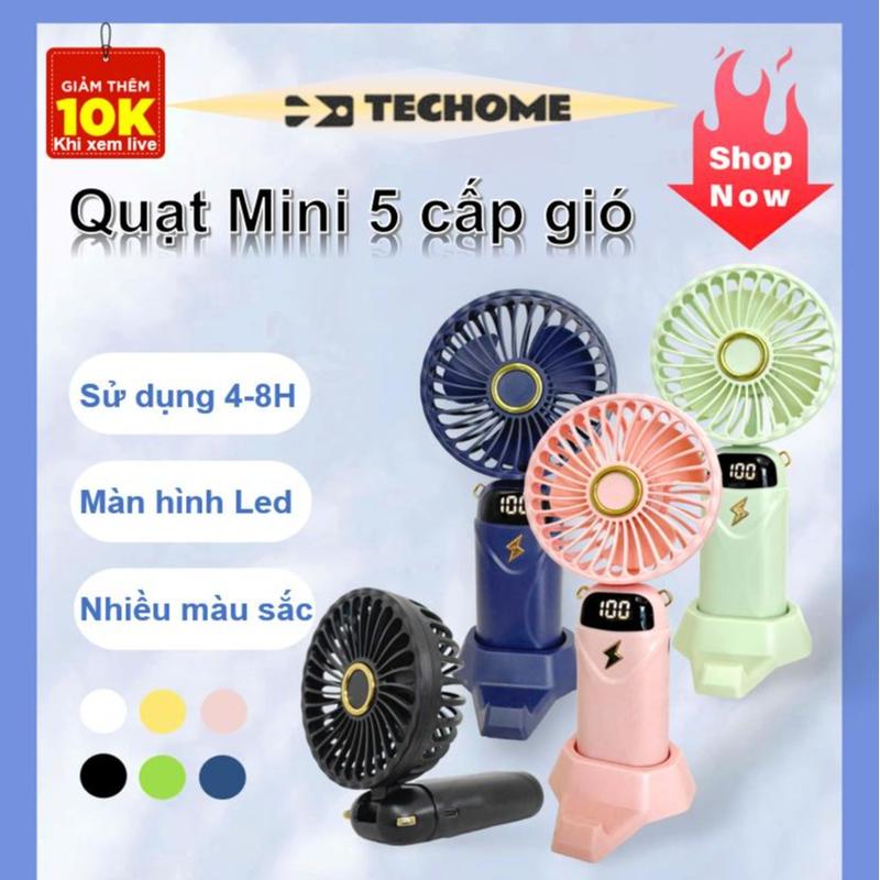 TECHOME Quạt Mini 5 Cấp Gió 3000mAh Pin Siêu Khủng, Quạt Sạc Điện Mini Cầm Tay Đeo Cổ Kê Điện Thoại Màn Hình LED Tiết Kiệm Pin 4-8H Sử Dụng