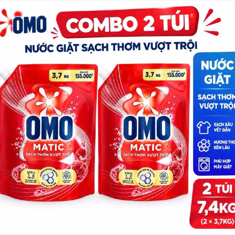 OMO Combo 2 Túi Nước Giặt Sạch Thơm Vượt Trội Matic 7,4kg Sạch Sâu Vết Bẩn Hương Thơm Bền Lâu Phù Hợp Máy Giặt