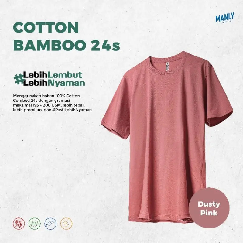 [Warna Dusty Pink] Kaos Cotton Bmaboo 24s - Kaos Polos Katun Bambu - Pria Wanita Lengan Pendek