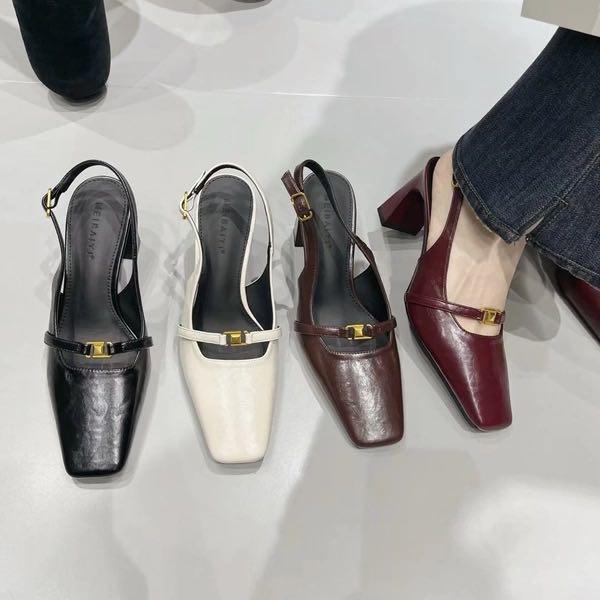 Sandal Mũi Vuông Gót cao 5 phân và 7 phân gắn trang trí đơn giản tinh tế - Giày Bánh Bèo mã SSmuivuong