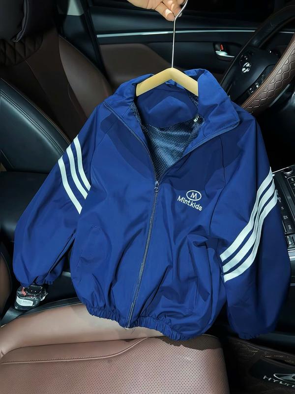 Áo khoác gió phối tay, thêu chữ, cho bé trai fom rộng chống nước, từ 14-50kg