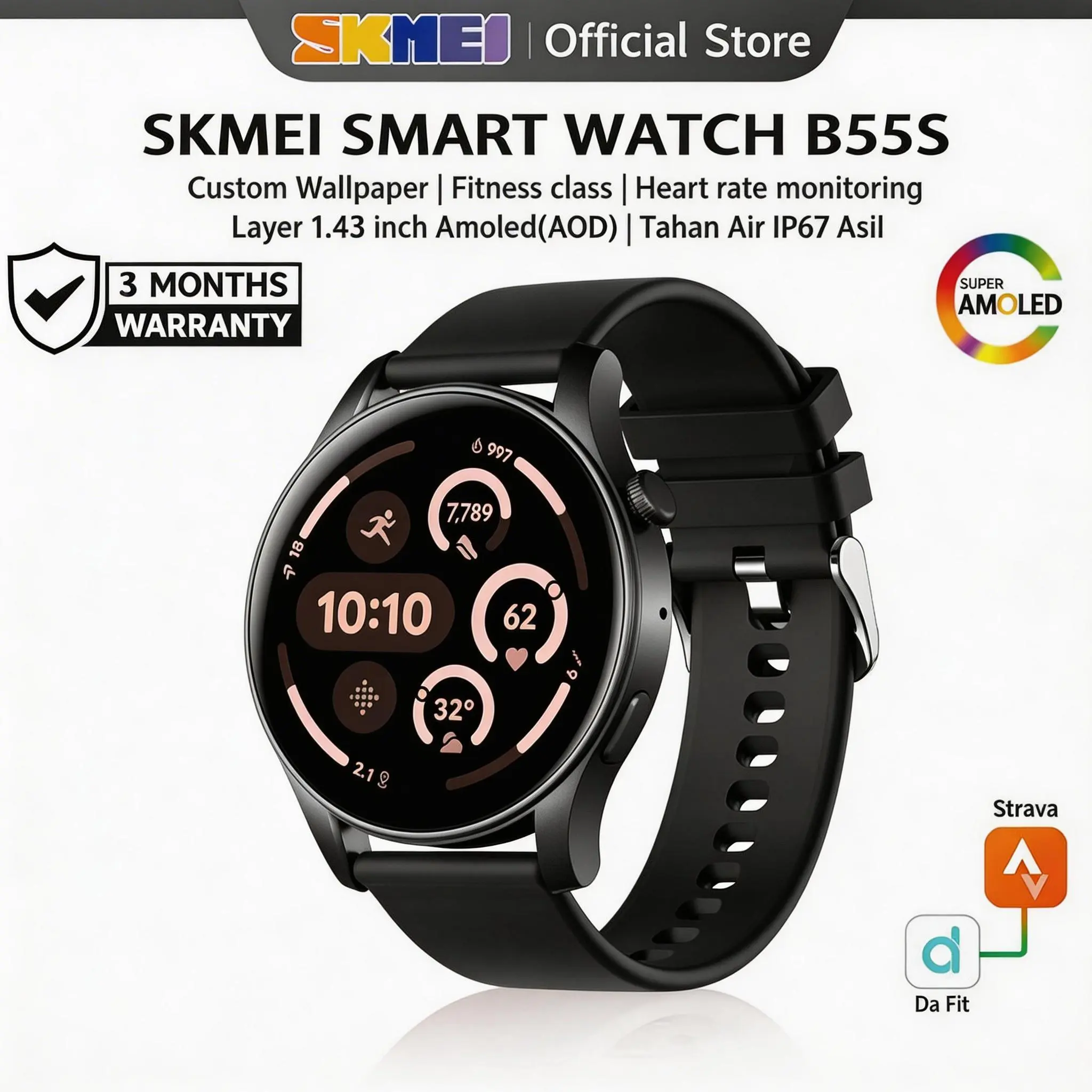 Live SKMEI B55S | Layar AOD smartwatch | heart monitoring | smartwatch sports | jam tangan wanita pria | Olahraga Tipis Casualjam tangan pintar