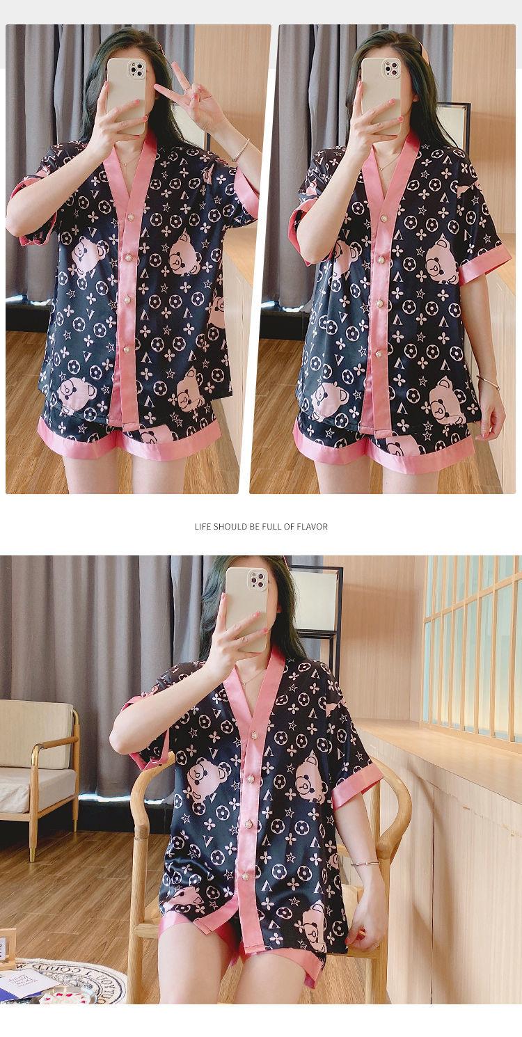 Product Introduction of Women's Pajamas 2022 New Summer Thin Ice Silk Cardigan Camellia Set Short Sleeve Cartoon Princess Style Loungewear 19