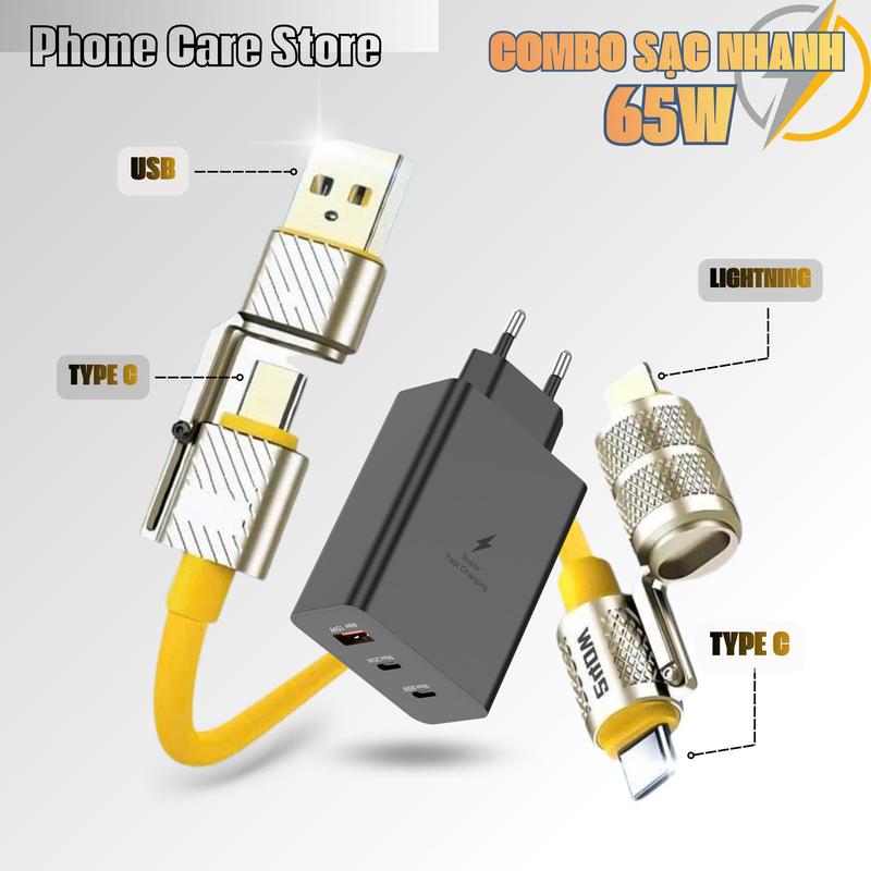Bộ Sạc Nhanh Đa Năng 65W Sạc Kết Hợp Nhiều Thiết Bị IOS & Androdi Dây Sạc 4 Trong 1 Củ Sạc 3 Cổng Kết Nối