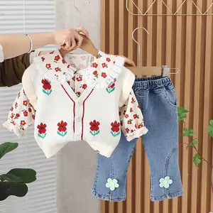 Angenius Setelan Anak Perempuan Lengan Panjang Dengan Bahan Katun Premium Motif Bunga Lucu dan Celana Jeans Style Casual Kekinian Untuk Umur 1-4 Tahun