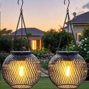 Solar Lantern Lights Outdoor, Vintage Wrought Iron Hanging Lantern with Hollow Design, Waterproof Garden Decoration for Patio, Yard, Pathway - Super Bright LED, Auto On/Off, Easy to Install