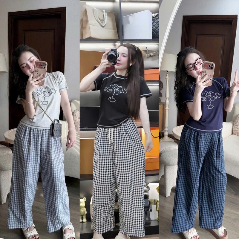 Set Đồ Bộ Nữ Áo Cotton Tici Mix đạp CHỈ NỔI  in Chuột NHÍ Quần Caro Baggy Top Nữ Gọn Dáng (40-80)KG