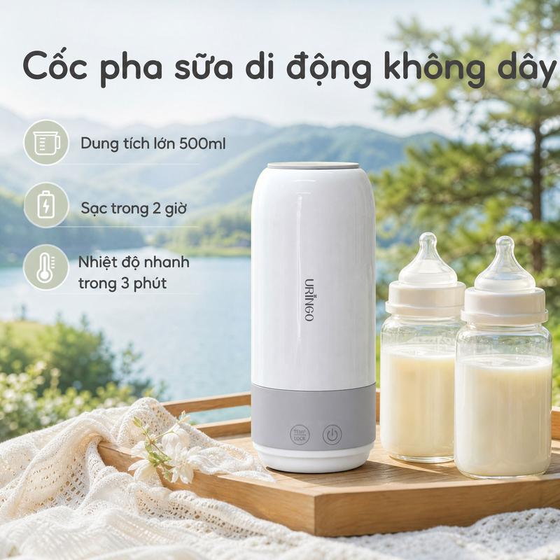 Ấm Nước Nhiệt Độ Không Dây, URINGO, Cầm Tay, Cốc Sữa Em Bé Dung Tích 500ml