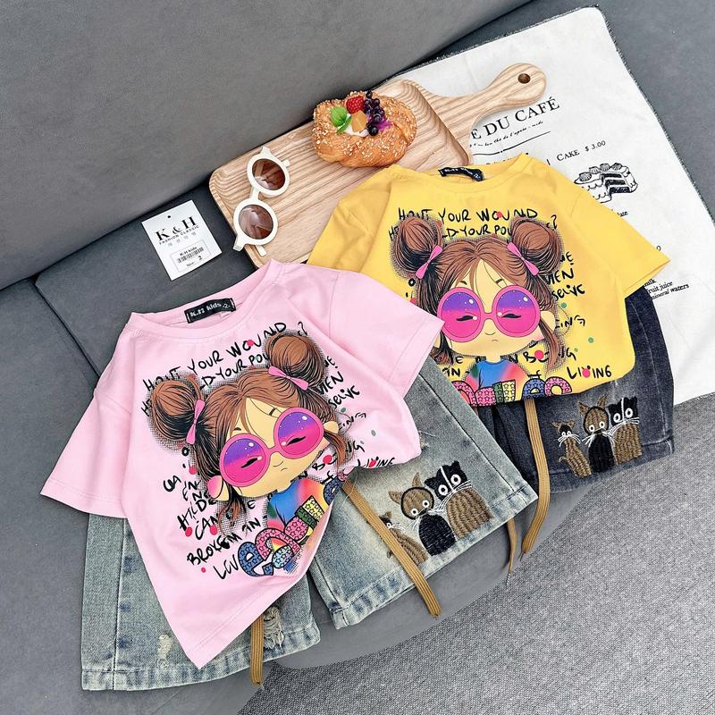 [MeoKids] D33 - Set Bộ Áo Cotton In Hình Bé Gái Ngộ Nghĩnh Phối Quần Jean Ngố Thêu