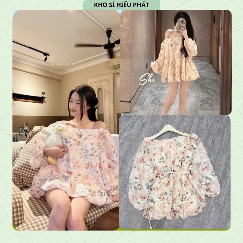 Váy Hoa Tơ Trễ Vai Cột Em Dáng Bí Tay Dài Tiểu Thư Xinh Lắm by Hp