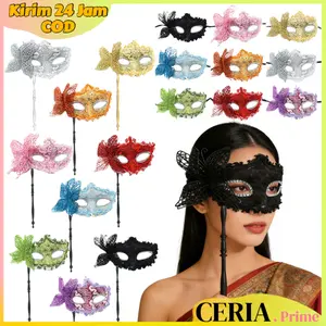 Topeng Pesta Masquerade Renda Kupu-Kupu Dengan Tongkat Topeng Wanita Halloween Vintage