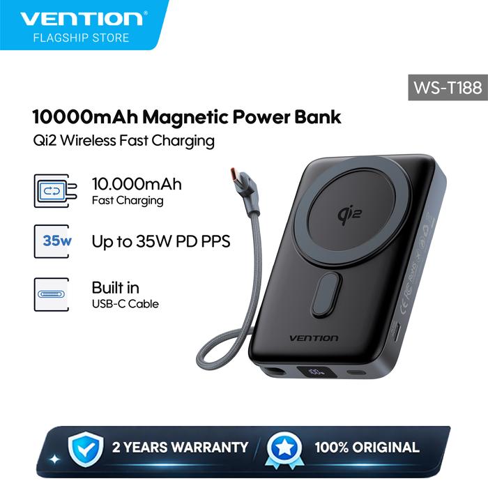 Gambar [Tersertifikasi CCC] Vention Wireless Magnetic Qi2 Powerbank 10000mAh 35W PD PPS LED Display Built in Lanyard USB C Cable Foldable Phone Stand - WS-T - GRAY, 10RB mAh/CCC dari Vention Flagship Kota Administrasi Jakarta Utara Tokopedia