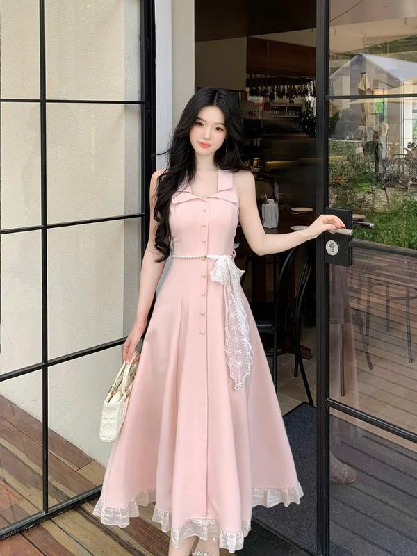 Đầm hồng pastel cổ vest dáng xoè dài phối ren thiết kế lưng smocking ôm eo phong cách tiểu thư sang trọng Hb.closet D18