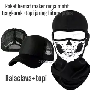 paket hemat masker ninja Balaclava motif tengkorak+topi jaring hitam polos Trucker Pria
