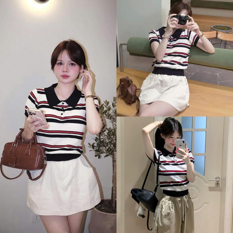 Áo len cộc cổ polo kẻ ngang dáng ngắn form ôm chất len mềm mát kẻ ngang SUMIISHOP mã QC29