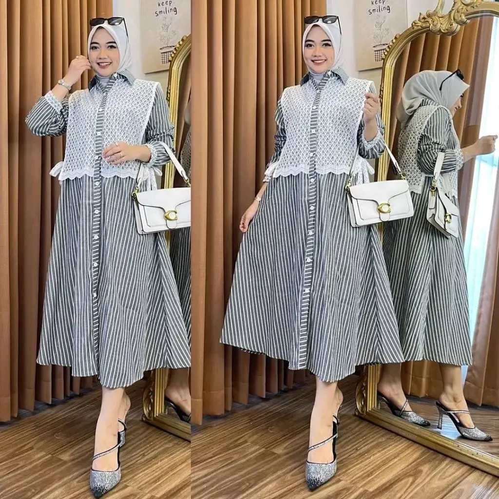 Long dress tunik Full kancing/Tunik Midi Motif salur Mix burkat/Tunik wanita Model terbaru