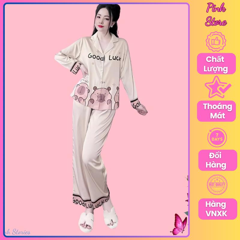   CAPYBARA  Đồ bộ pijama lụa mặc nhà tay dài quần dài cao cấp in hình capybara chất 