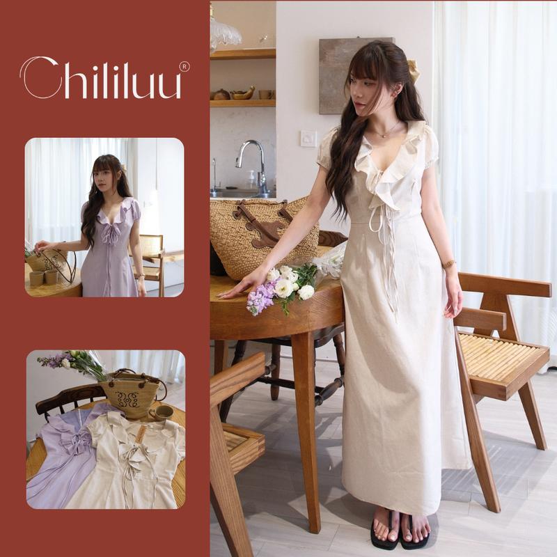 Đầm maxi nữ Chililuu váy linen dài chiết eo cổ xẻ cách điệu lớp thắt dây trang trí phong cách tiểu thư thanh lịch