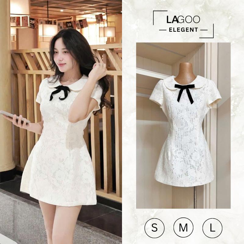TOP Đầm Karina Cổ Sen Phối Nơ Ren Trắng, Váy Ngắn Dáng Ôm Nhẹ Xinh Xắn Vintage Style Đi Cafe Dạo Phố Lagoo Elegent