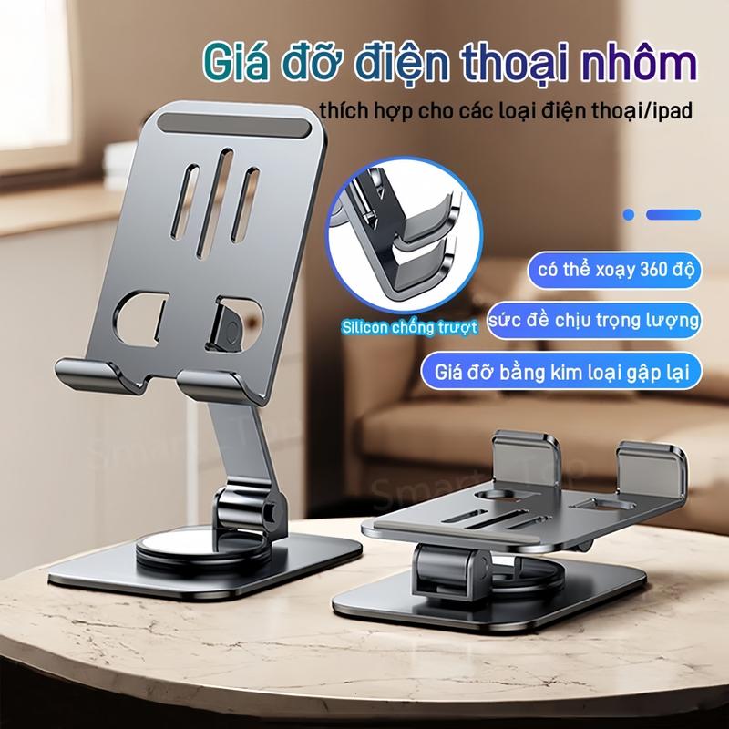Giá đỡ điện thoại kim loại siêu chắc - Trục xoay 360° linh hoạt - Gập gọn để bàn - Đế chống trượt, an toàn - Màu tím, xám