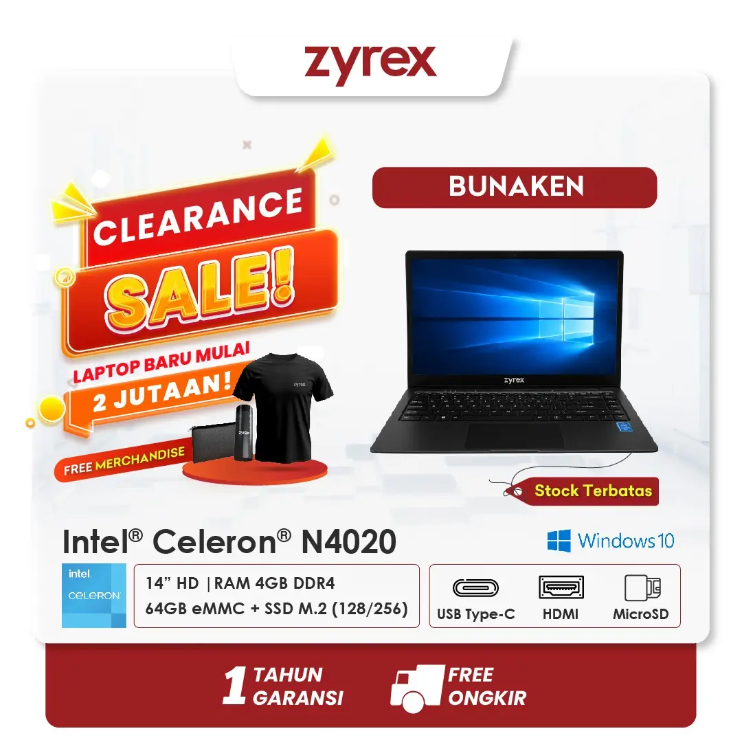 Laptop ZYREX Bunaken Intel Celeron N4020 RAM 4GB 14" HD Windows 10 – 64GB eMMC (Opsional SSD M.2 128/256) Port Lengkap Type-C/HDMI – Garansi Resmi 1 Tahun