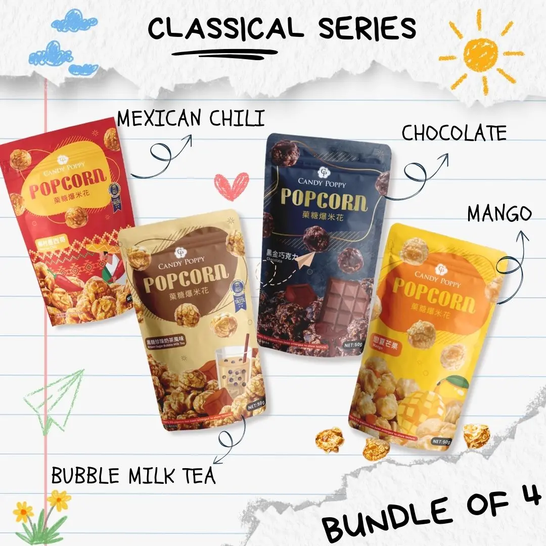 POPCORN | CANDY POPPY |  BUNDLE OF 4 |  4 X 50g | CLASSICAL FLAVOURS | Snack Chocolate Crispy