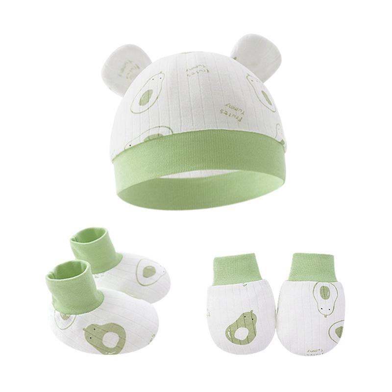 0-6M Baby Fetal Hat Anti-scratch Gloves Foot Cover 3 Pieces Set Newborn Ear Hat 7