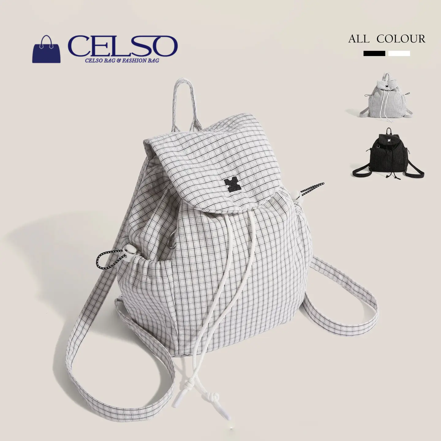 CELSO Korean Checkered Canvas Backpack Women Casual Shoulder  display picture 1