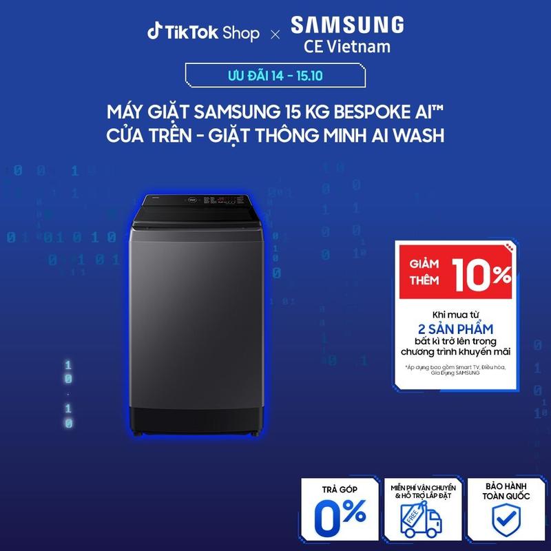 Máy Giặt SAMSUNG 15 kg Bespoke AI - Cửa Trên -Giặt Thông Minh AI Wash Màu Xám WA80F15S5CSV
