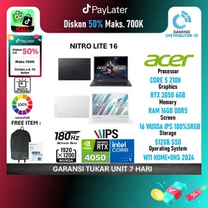 Laptop Acer Nitro Lite 16 CORE 5 210H / CORE 7 240H RTX3050 / 4050 6GB/ 16GB 512GB W11+OHS 16.0WUXGA 180HZ 100SRGB BLIT