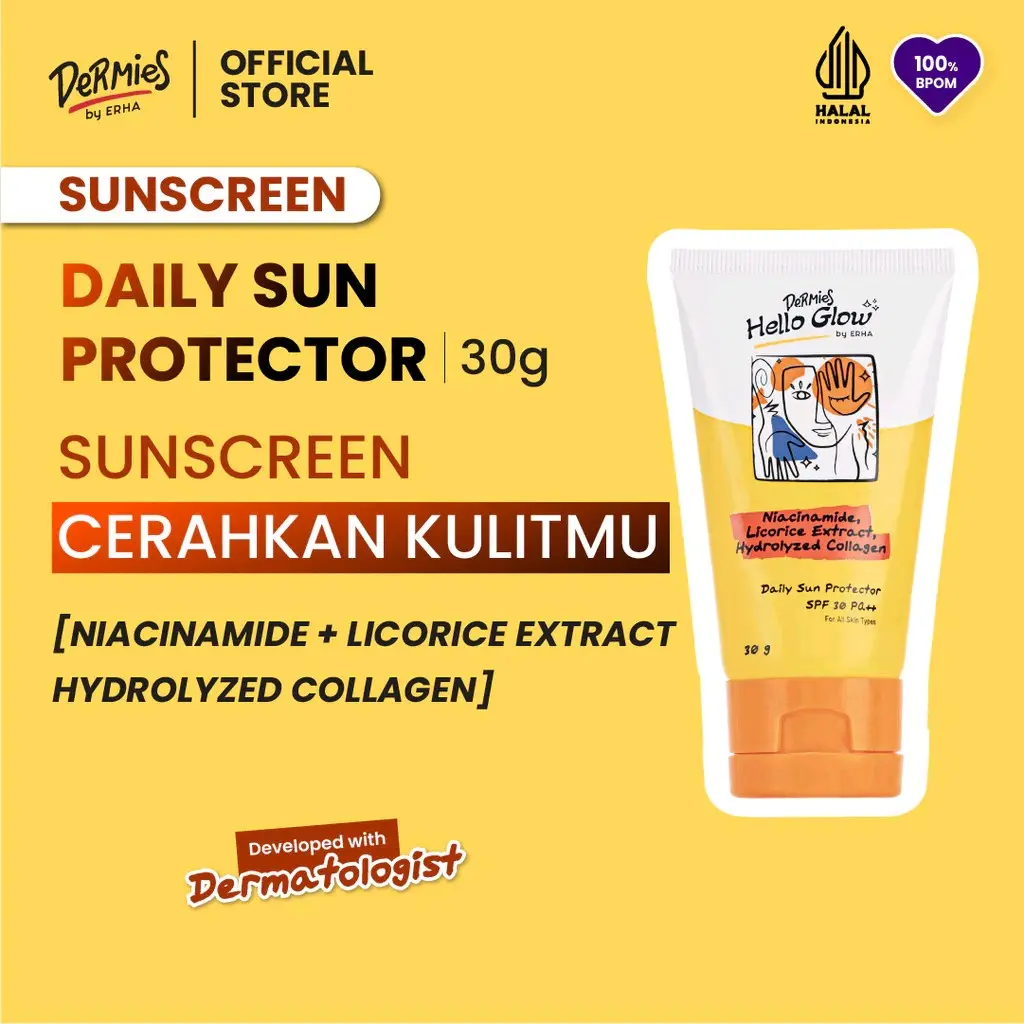 DERMIES Hello Glow Daily Sun Protector 30gr - Sunscreen Pencerah Wajah buat