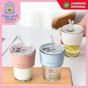 (Toko Kita O&S) Tumbler Kaca Aesthetic 400ml dengan Tutup Anti Tumpah dan Sedotan H663 Gelas Minum Kaca Kantor / Sekolah
