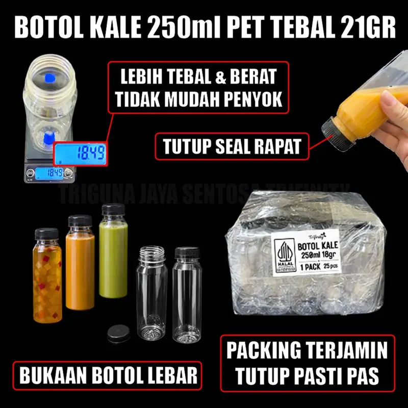 Botol Kale Tebal 46gr Tutup Segel Rapat Botol Plastik Kopi jus 250ml 500ml 1000ml Trifinity Pack JSP
