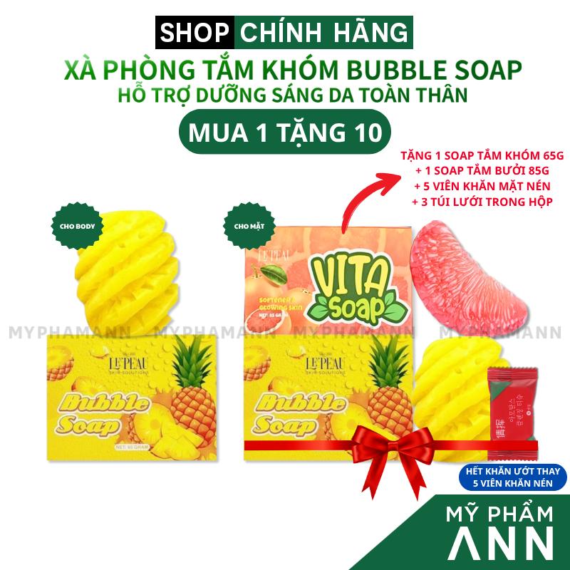  Khuyến Mãi Mua 1 Tặng 10 Xà Bông Tắm Cho Body Khổ Qua Bitter Soap 85g + Cho Body Khóm Bubble Soap 65g + Cho Mặt Bưởi Vita Soap 85g Le Peau - Tặng 5 Khăn Lau Mặt Dạng Nén - Mỹ Phẩm Ann 