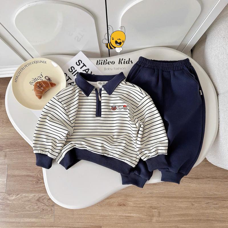 BiBeo Kids Bộ Quần Áo POLO THU ĐÔNG KẺ NGANG KÉO KHÓA cho bé trai ,Bộ quần áo dài tay cho bé