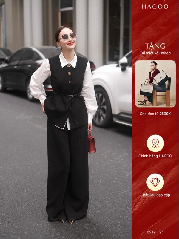 HAGOO Áo gile nữ cổ tròn kèm dây da phối cúc đồng sang trọng màu đen Women Top Kem A979 Nhung