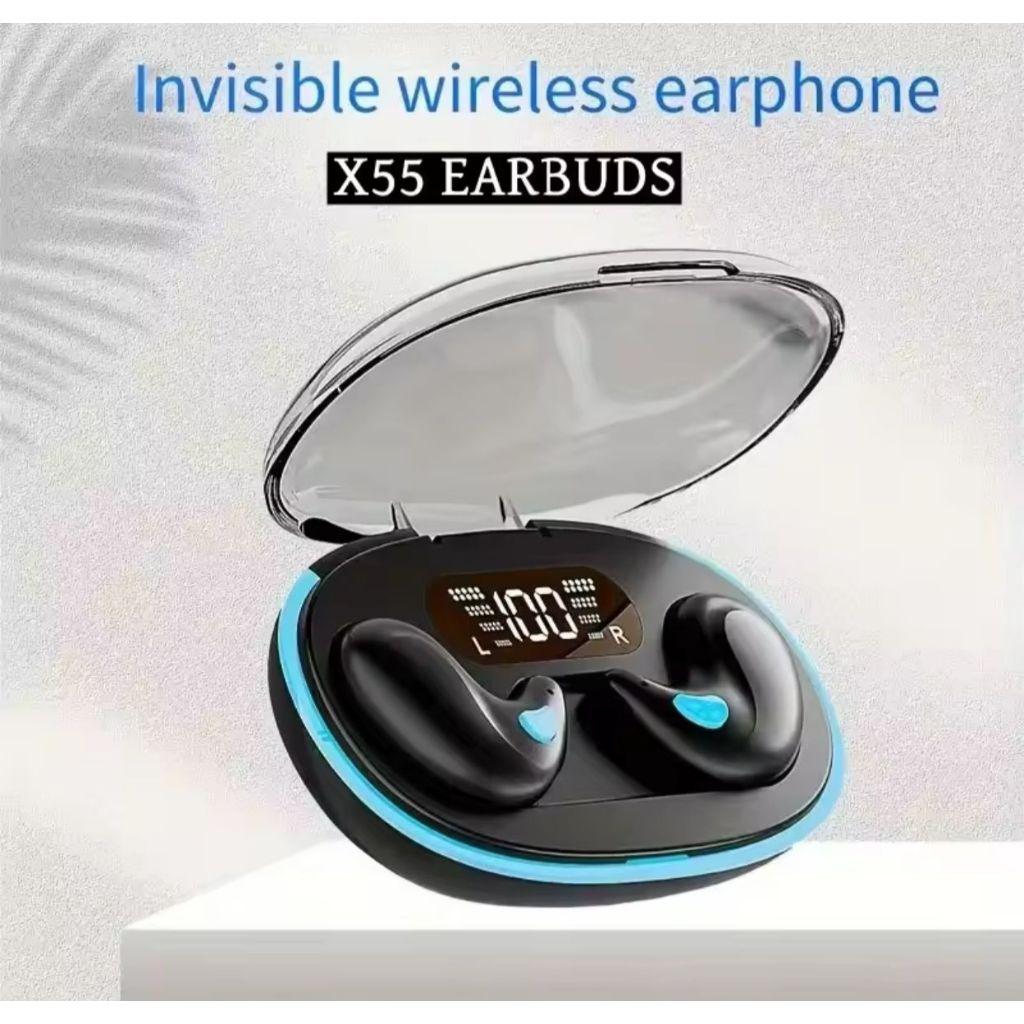 X55 TWS Bluetooth Earphone Invisible Wireless Earbuds LED Display Suara Jernih Desain Unik Modern