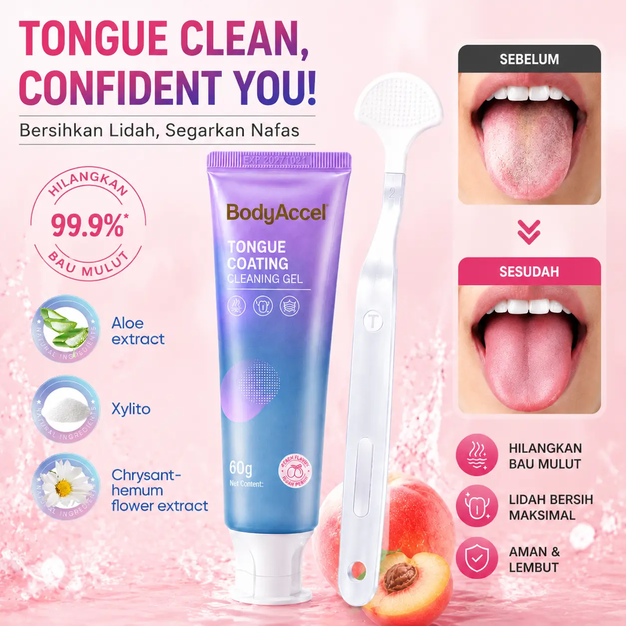 [Versi Upgrade Baru]Gel Pembersih Lidah BodyAccel Aroma Persik 60gr Lengkap Alat Kerok Lidah, Hilangkan 99,9% Bau Mulut, Ekstrak Lidah Buaya Krisan Lembut Segarkan Napas Tahan Lama | Paket Gel Pembersih Lidah Khusus, aman dipakai lidah sensitif
