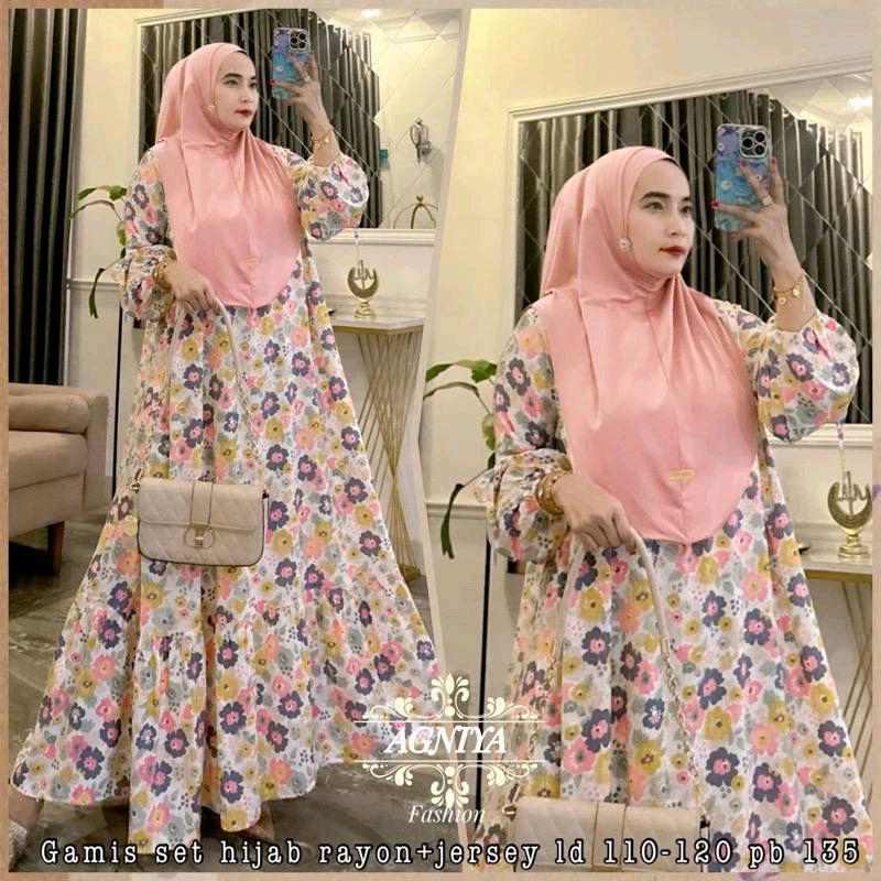 Gamis Rayon Set Hijab jumbo busui Gamis Busui Friendly Rayon Diamond Kekinian Free Hijab  Gamis Motif Long Dress Set Hijab 5