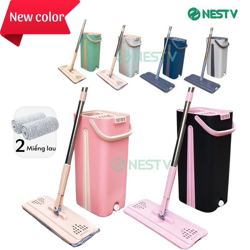 Bộ cây lau nhà tự vắt hình chữ nhật xoay 360 độ kèm thùng tự vắt cao cấp