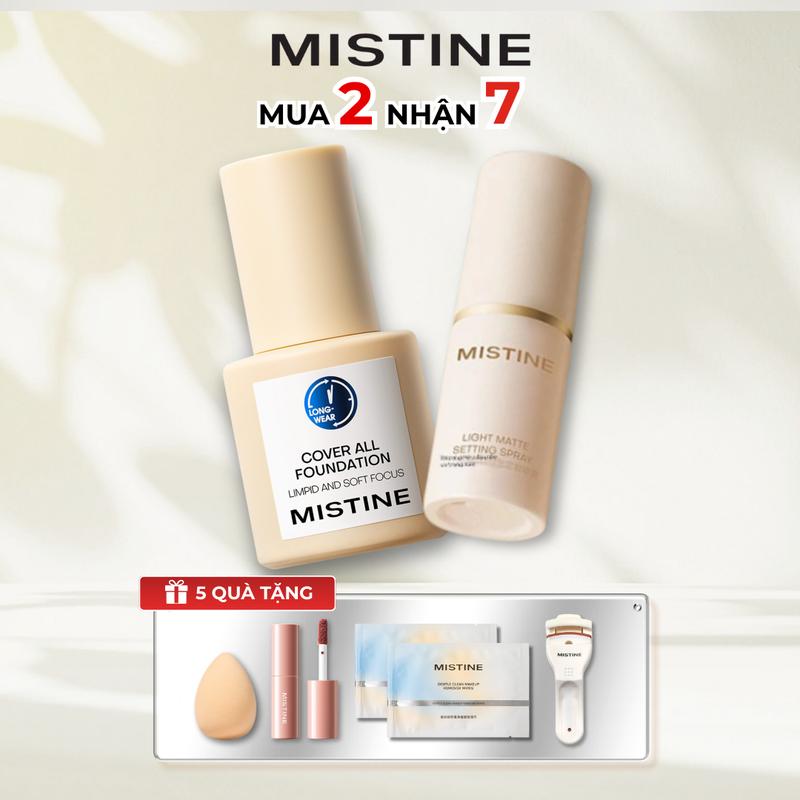   COD  TẶNG 5 QUÀ | Combo Kem nền Mistine che phủ hoàn hảo kiềm dầu tốt 30g + Xịt khóa nền lâu trôi  kiềm dầu tốt 30g +  TẶNG  1 Son bóng 1 Mút trang điểm 2 Khăn ướt tẩy trang 1 Bấm mi 