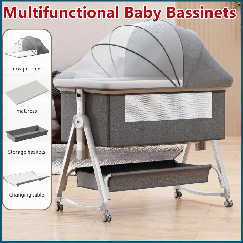 3-in-1 Baby Bassinets Multifunctional Baby Crib Baby Cot Foldable Baby Bed Adjustable Baby Cradle with Mosquito Net