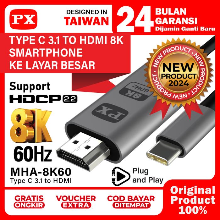 Gambar Kabel HDMI Type C 3.1 to HDMI Dongle MHL Mirroring Cable 8K 60Hz Anycast Dongle Miracast Mirascreen Ezcast Converter Smartphone Tablet HDCP 2.2  Kabel HDMI HP ke TV Monitor Proyektor PX MHA-8K60 dari PX Official Store Kota Administrasi Jakarta Utara Tokopedia
