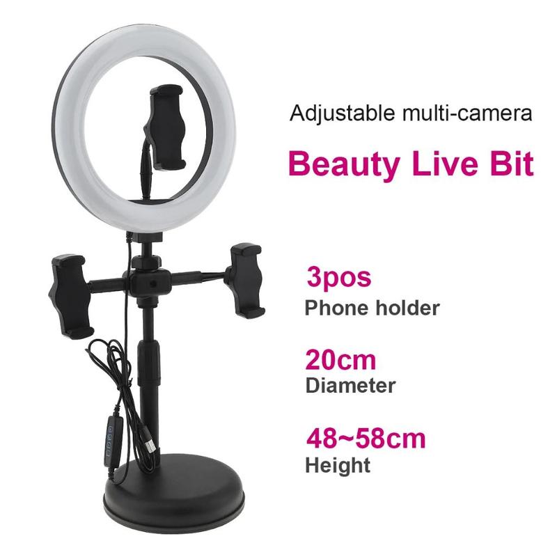16cm Video LED Ring Light 3200-5600K Color Temperature 3 Colors 10-level Dimmable with Table Stand Ball Head Dual Phone 4